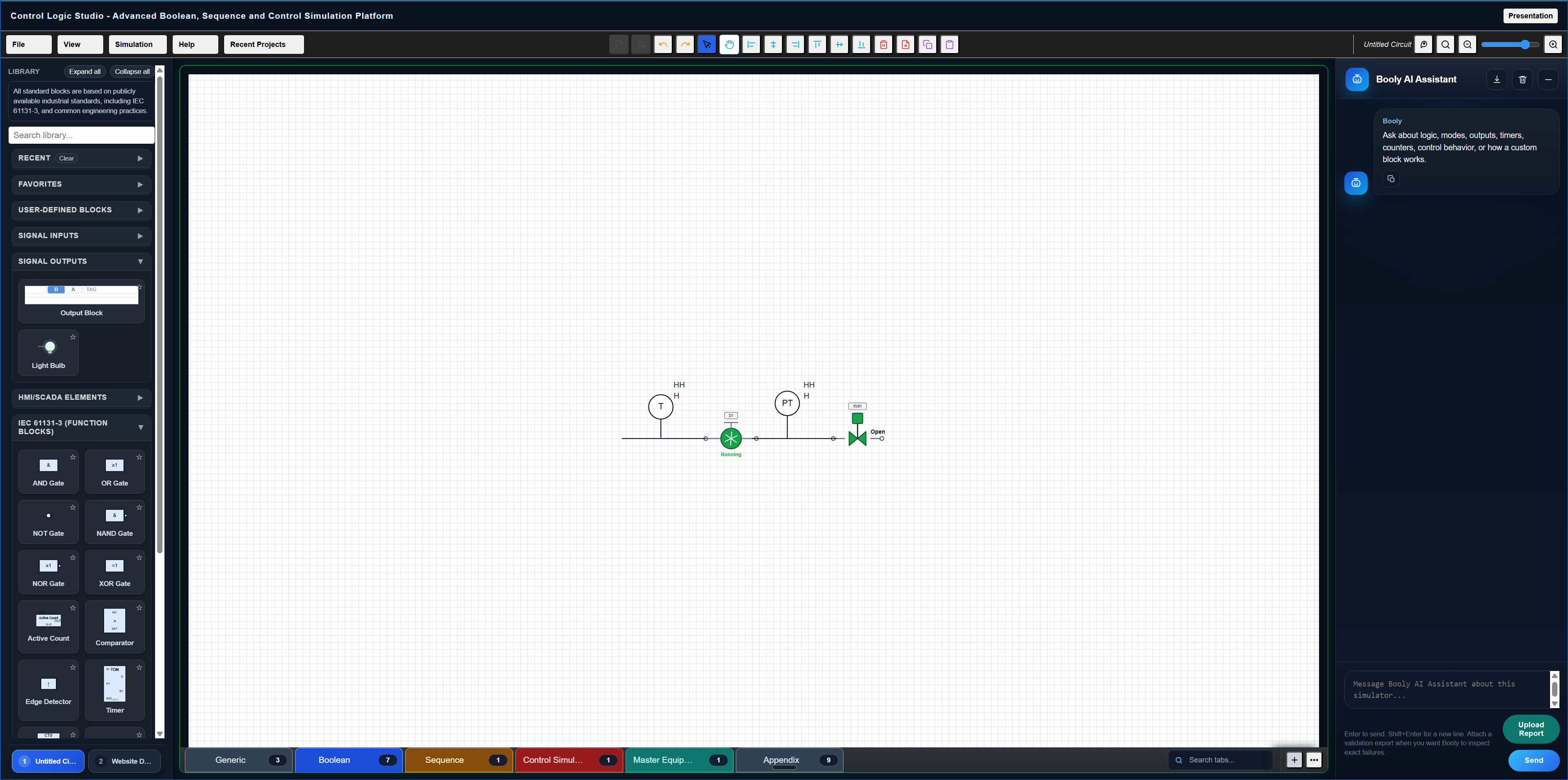 SCADA view page showing the validated simulation interface